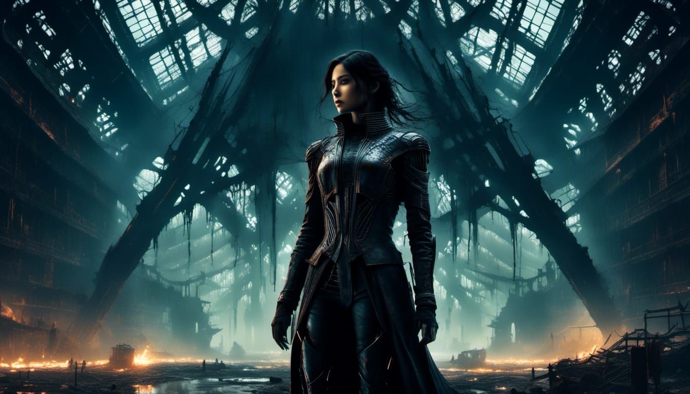 Eerie Cyborg in Shipyard Ruins with Macabre Mist