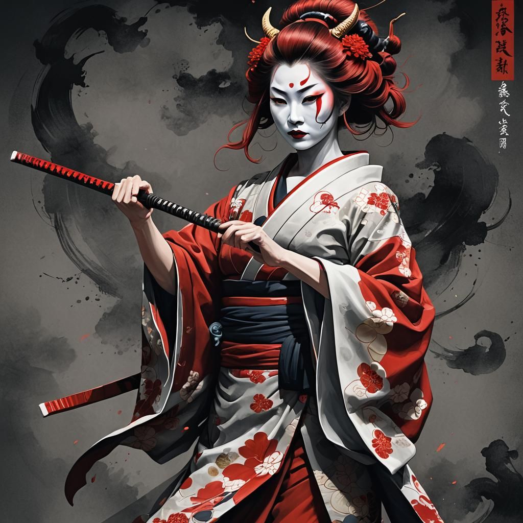 Geisha with Hannya Mask in Ukiyo-e Style