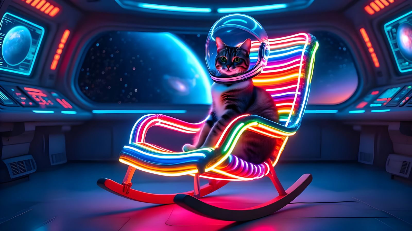 Futuristic LED Rocking Chair with Space Cat