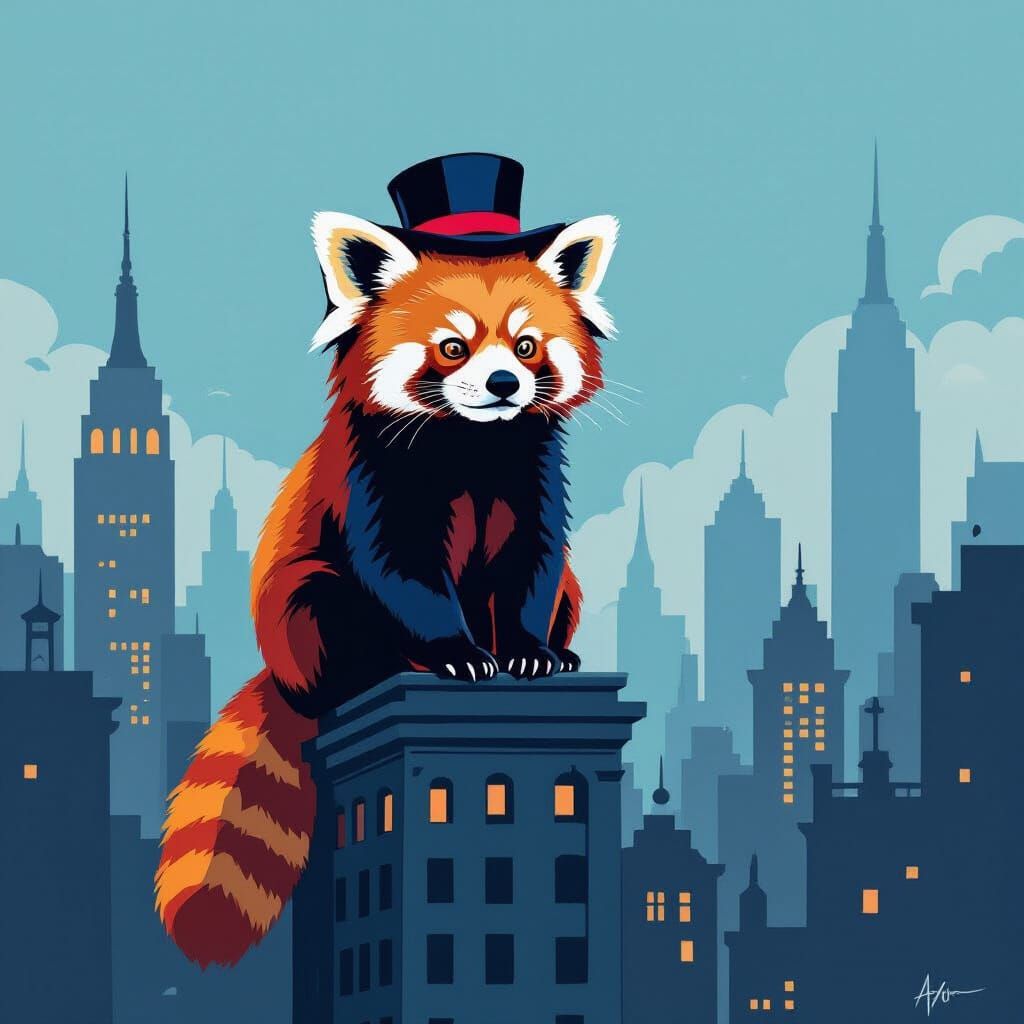 Red Panda Conductor Over Abstract Cityscape