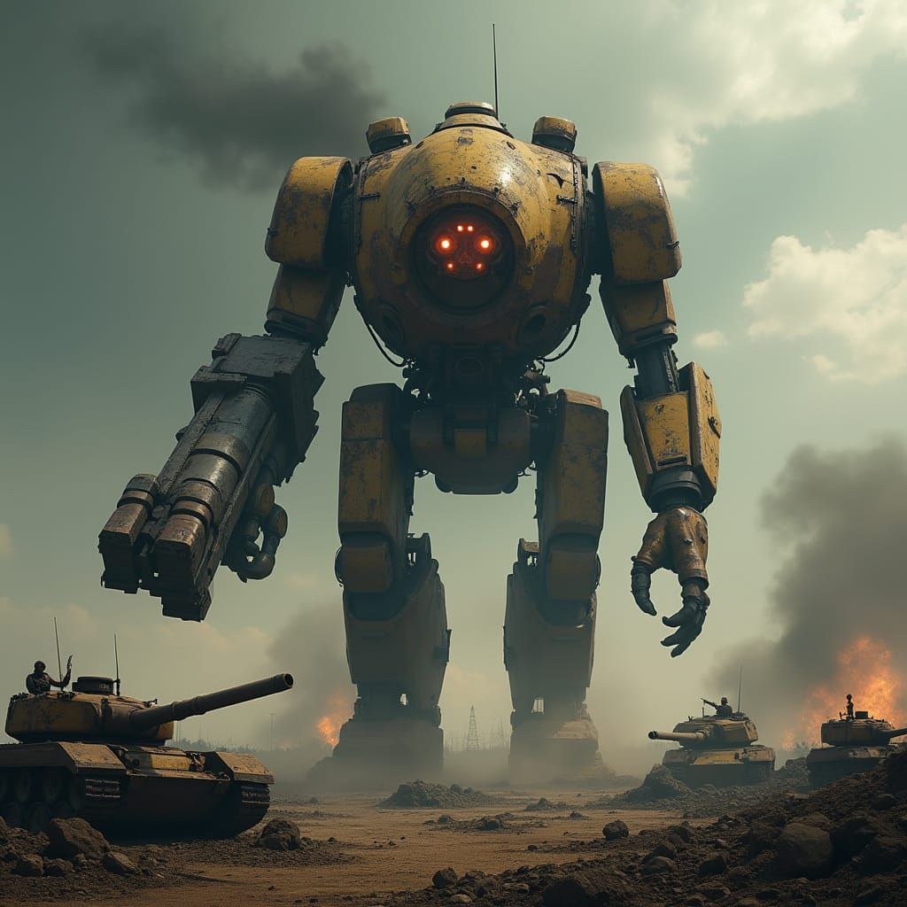 Colossal Robot Warrior on Desolate Battlefield