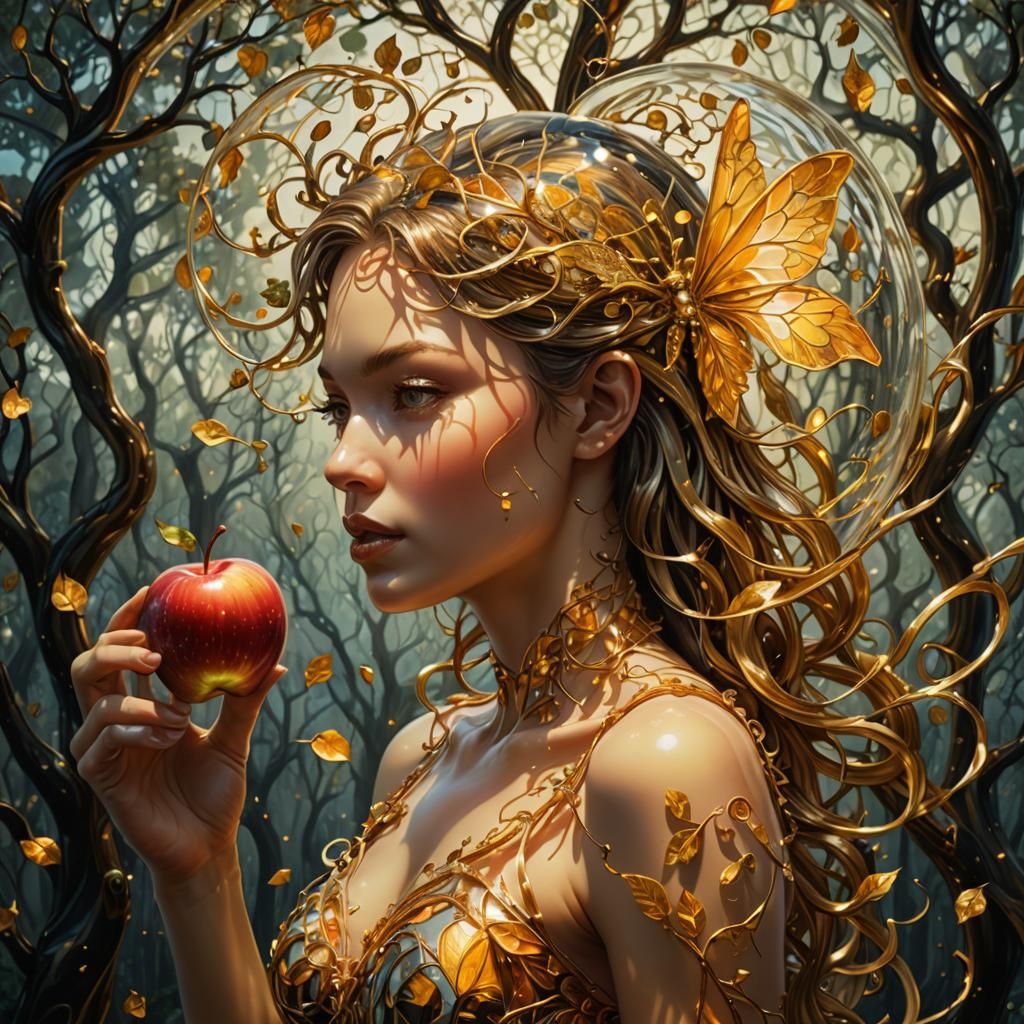Golden Fairy Transforms Tree Inside Glass Apple