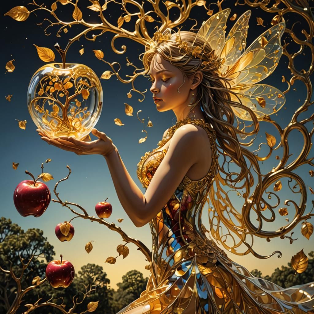 Golden Fairy Transforms Tree Inside Glass Apple