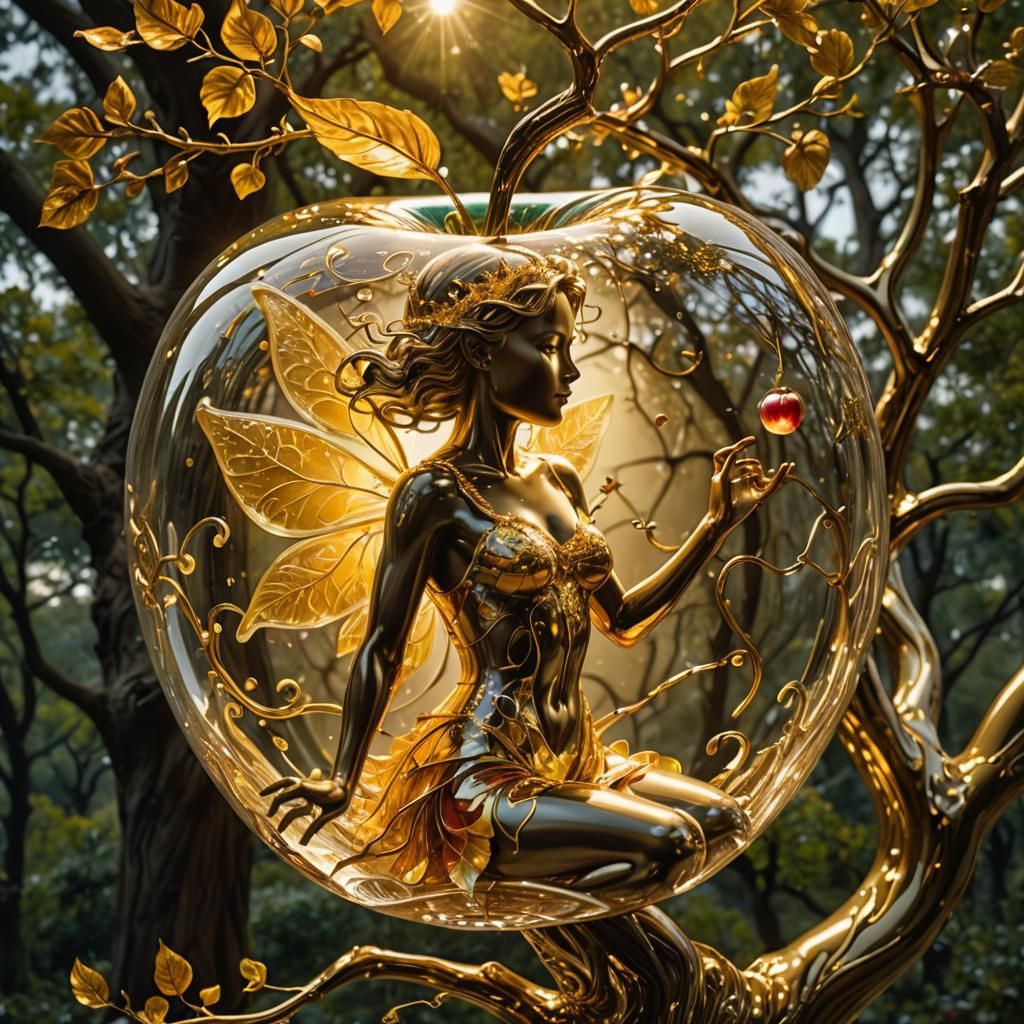 Golden Fairy Transforms Tree Inside Glass Apple