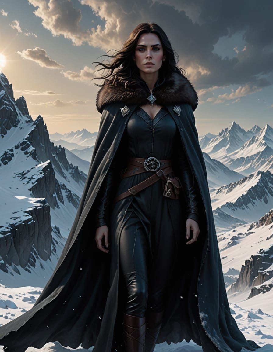 Gothic Woman on Snowy Peak in Hyper-Realistic Style