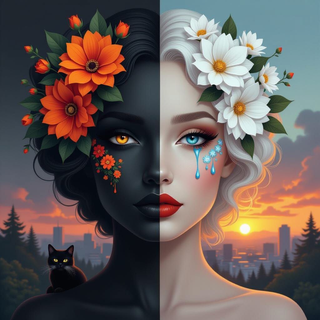 Surreal Double-Faced Figure with Flowers and Cityscape