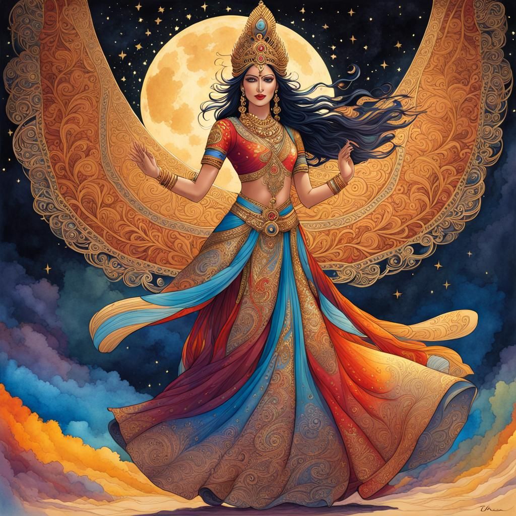 Indian Warrior Dancing in Moonlight, Watercolor Art