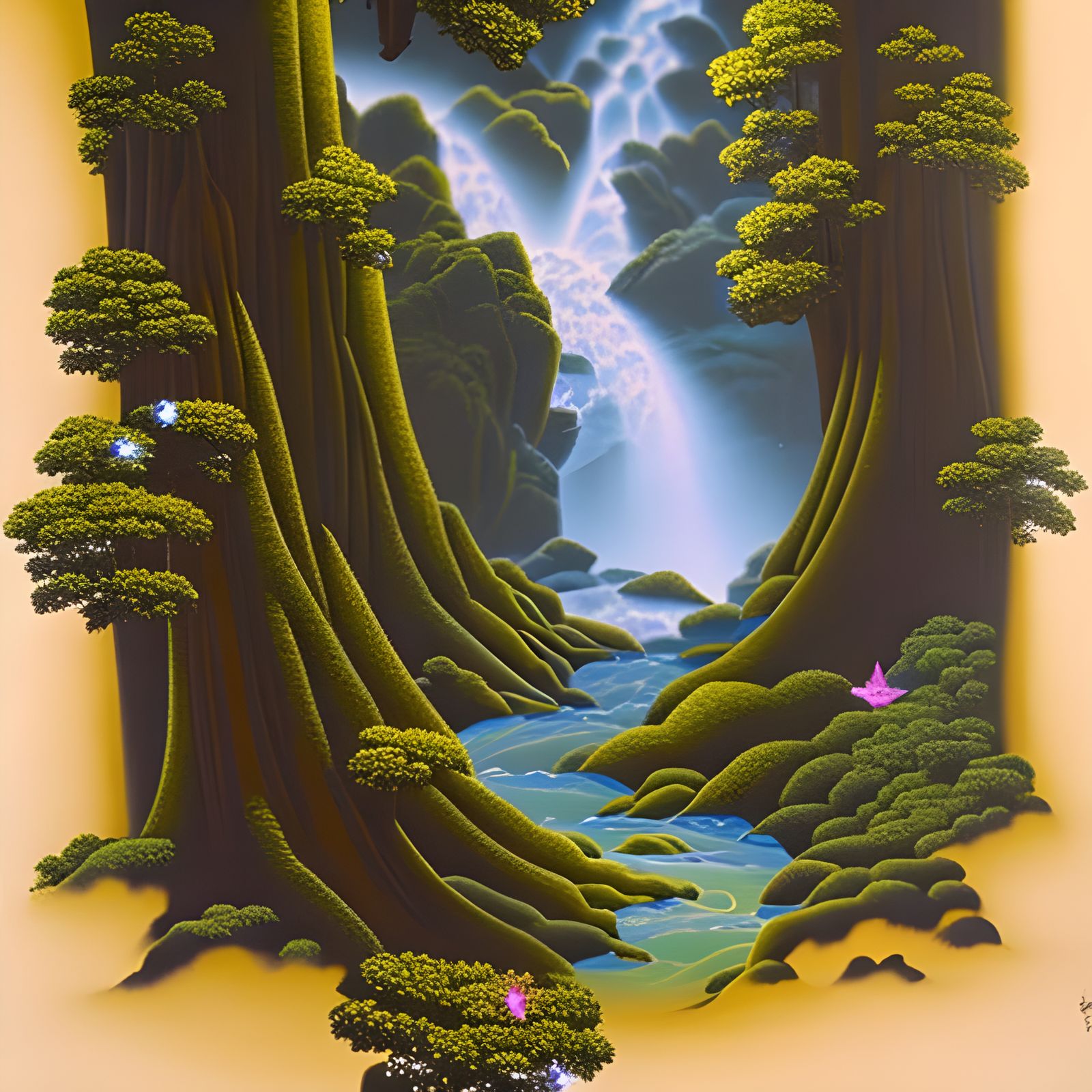 Magical Forest Waterfall with Luminous Crystals, Digital Pai...