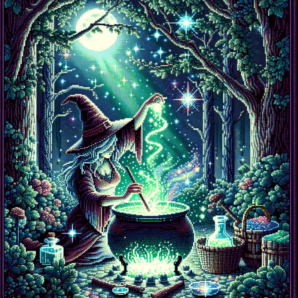 Pixel Art Witch Brewing Magic Potion in Forest