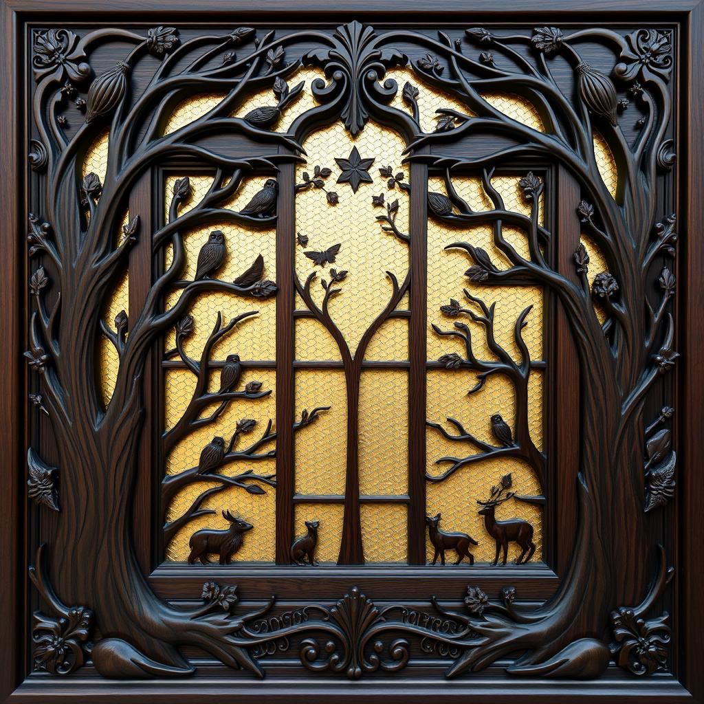 Ornate Carved Wooden Window Frame in Art Nouveau Style