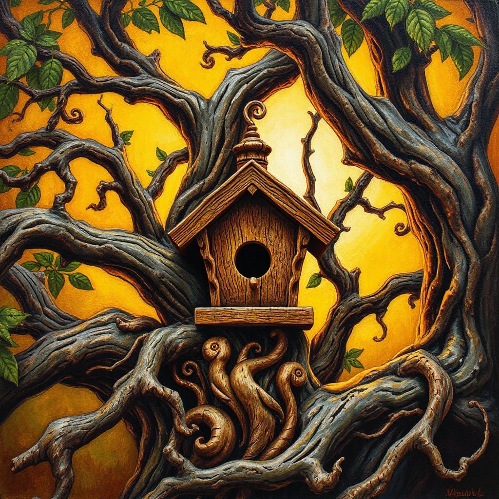 Sacred Geometry Treehouse in Vibrant Oil Painting