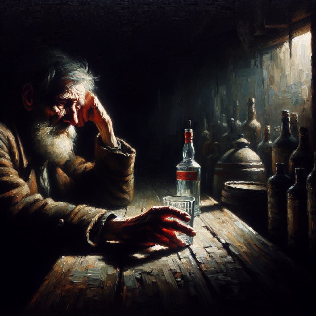 Exhausted Old Man in a Dimly Lit Bar