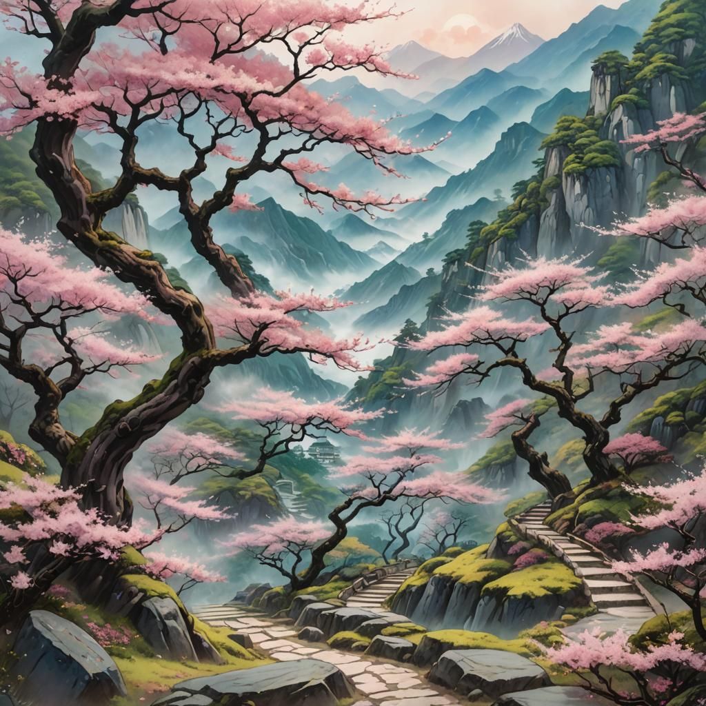 Japanese Cherry Blossom Mountain Landscape in Fantasy Art