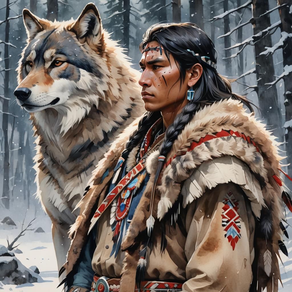 Watercolor Portrait of Native American with Wolves