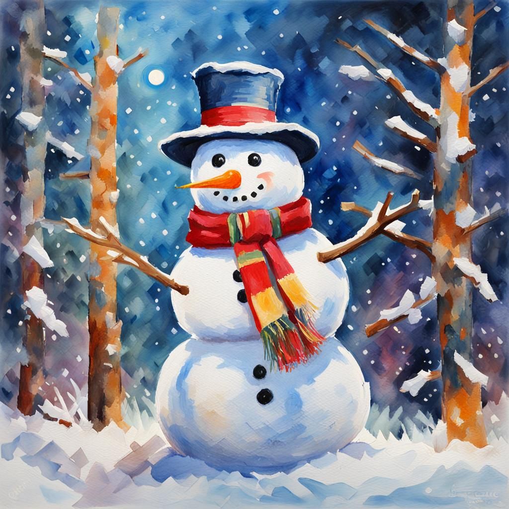 Snowman in Gouache Style Watercolor Painting