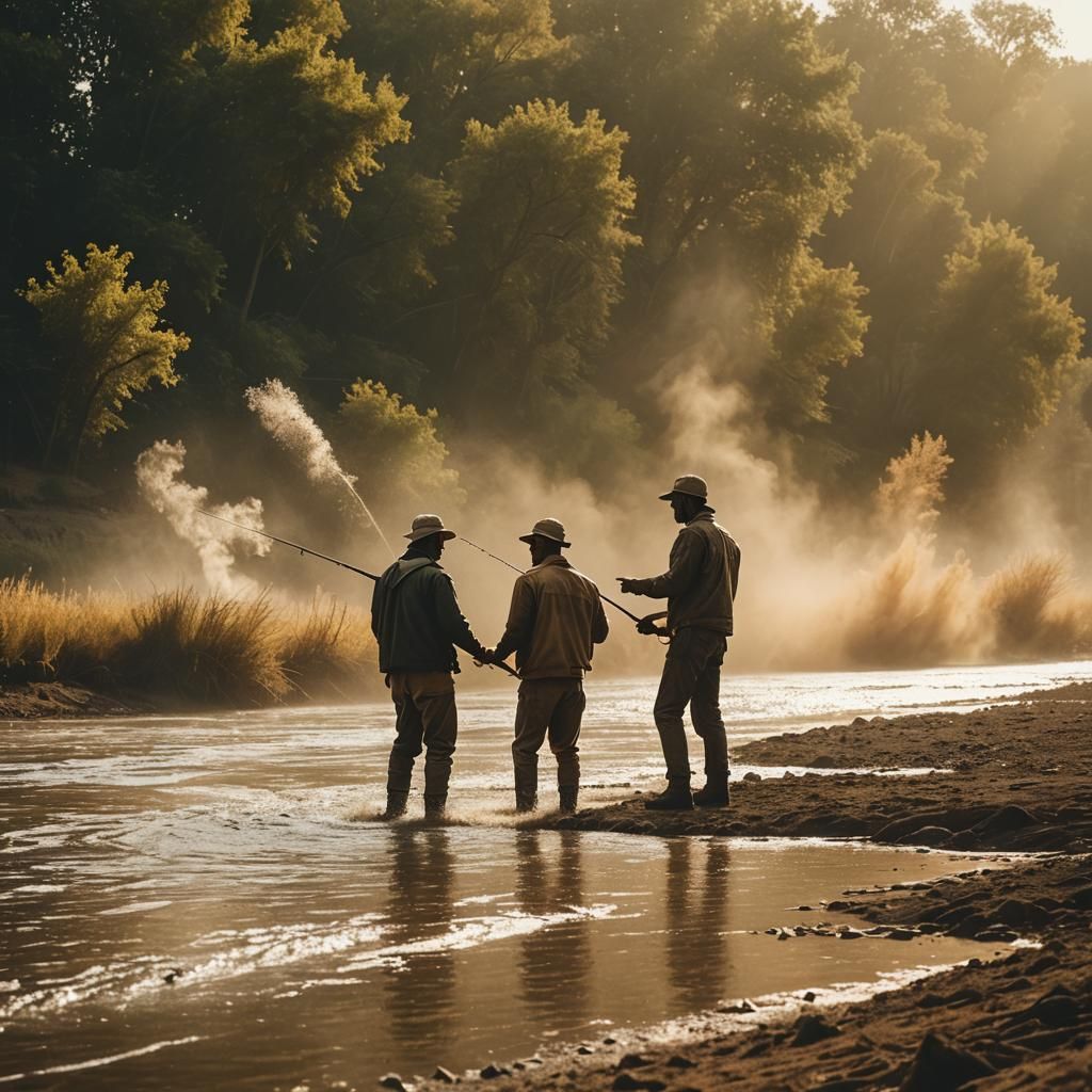 Fishermen at Riverbank in Golden Hour Cinematic Shot