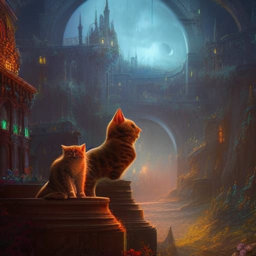 Friends Enjoying Time with Kitty: Fantasy Matte Painting