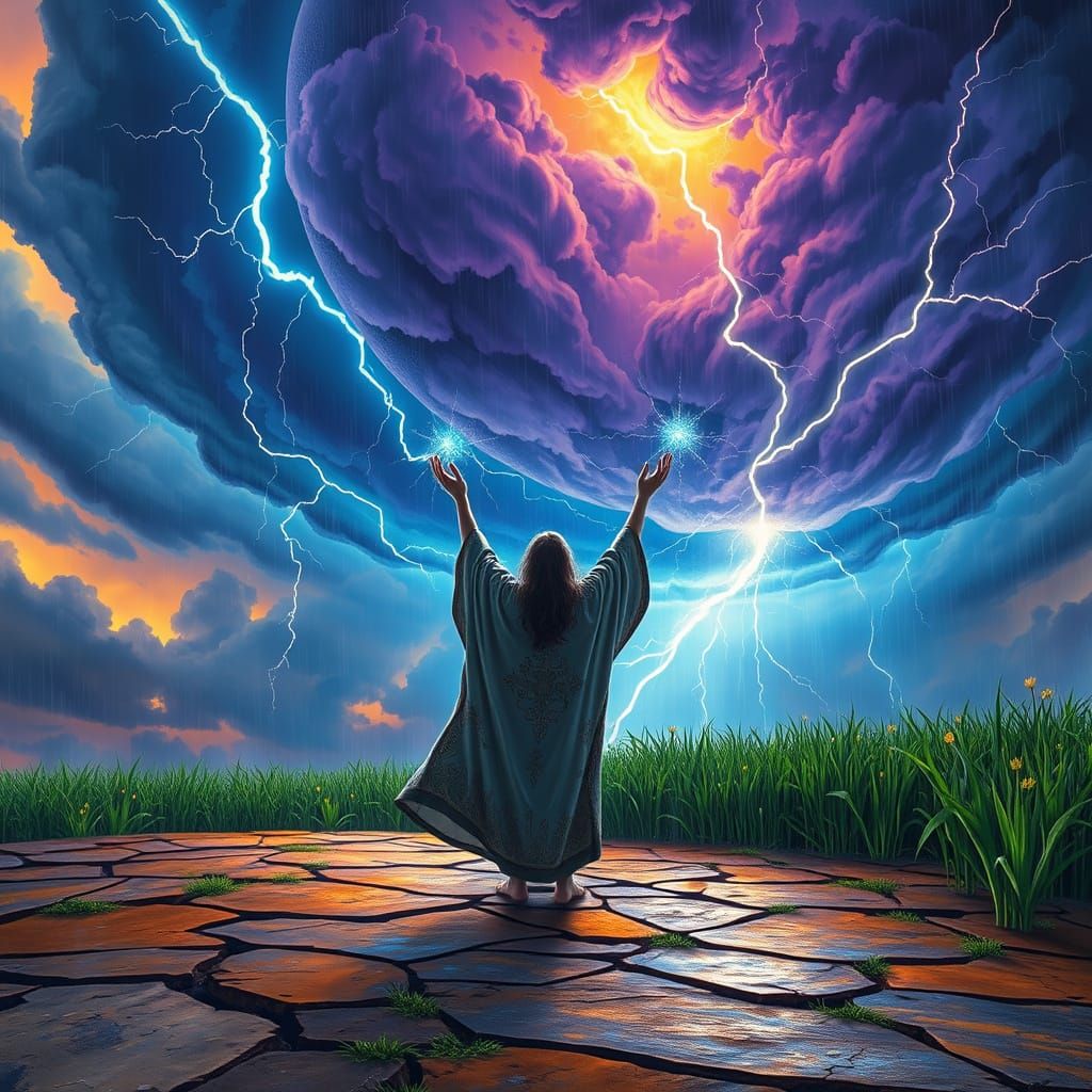 Lone Sorcerer Weaving a Storm at Dusk