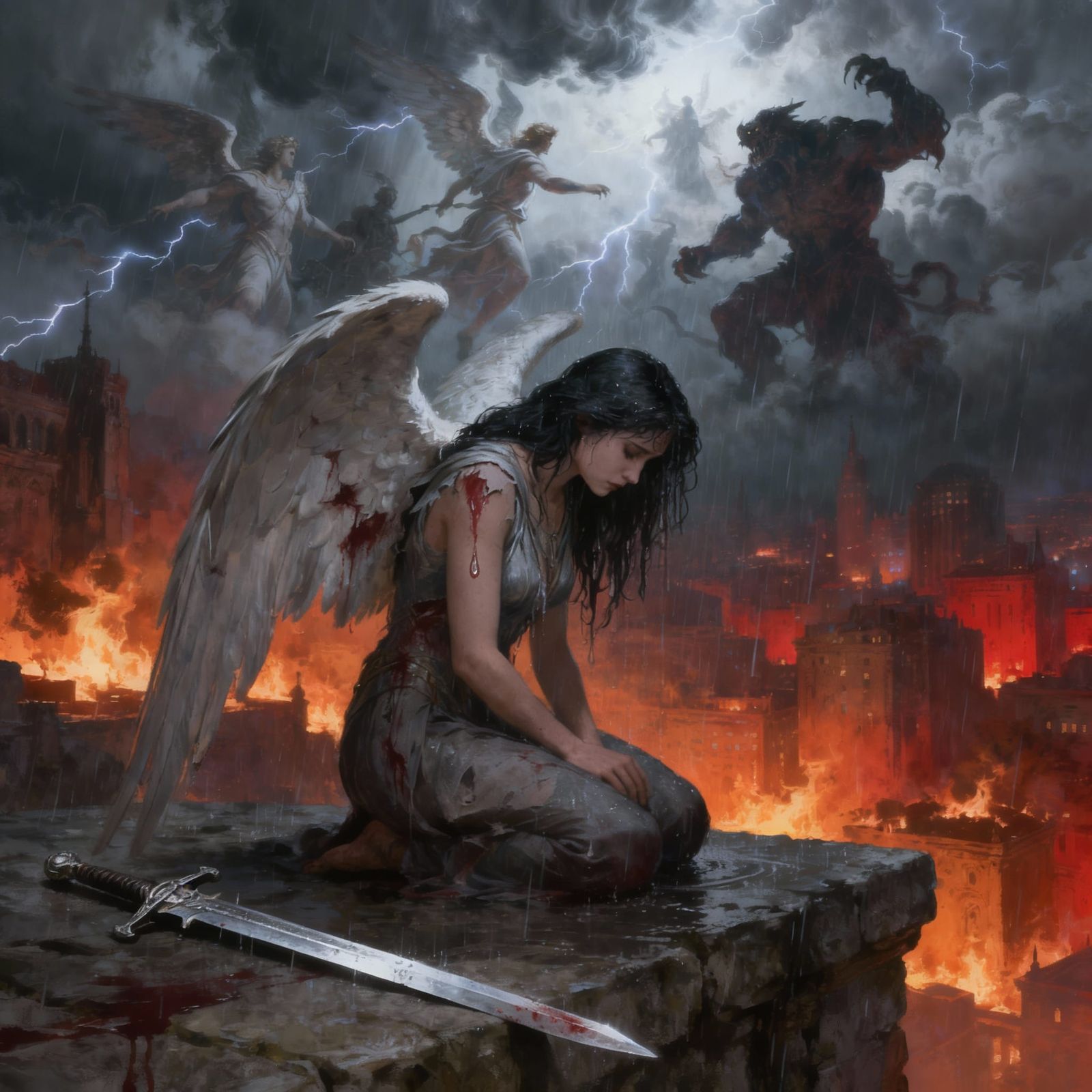 Angel's Despair Amidst Fiery Battle