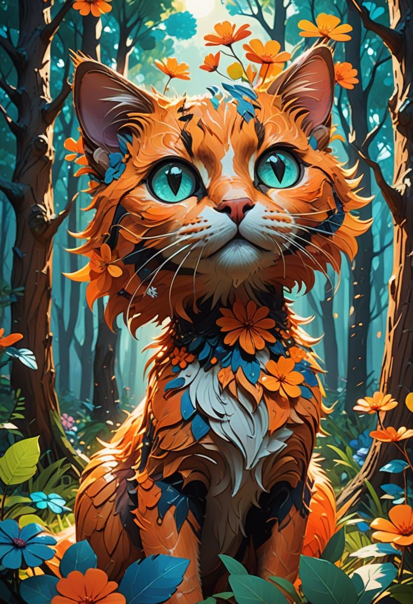 Vibrant Fauvist Cat in Love Forest with Magic and Whimsy