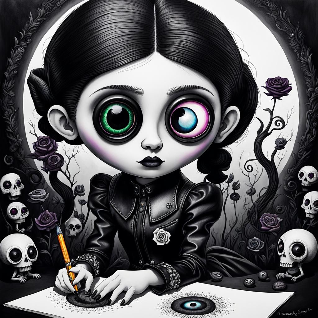 Surreal Crayon Drawing of Goth Woman with Fairy