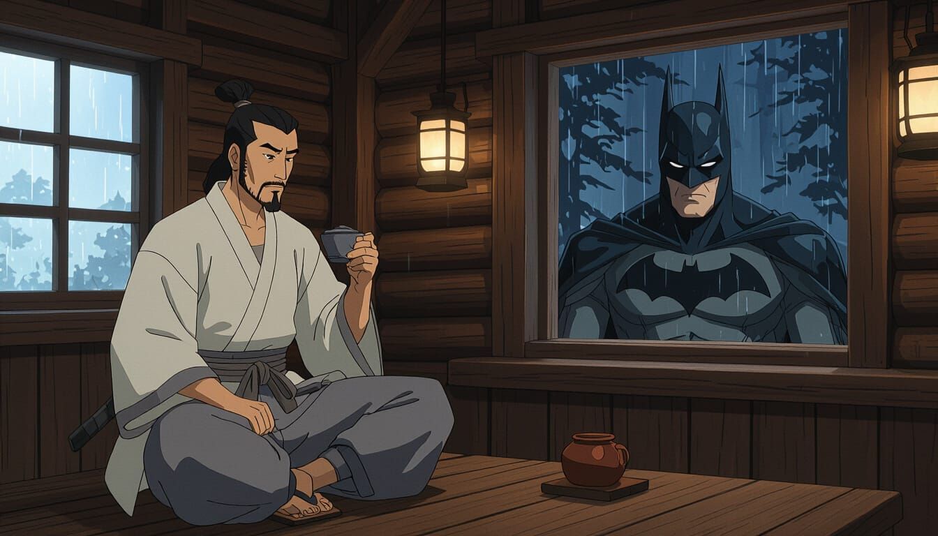 Cinematic Tavern Scene: Samurai Jack Meets Batman
