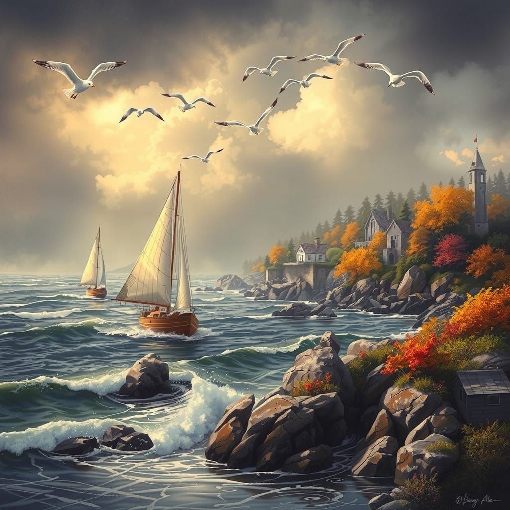 Sailboats on a Serene Rocky Coastline