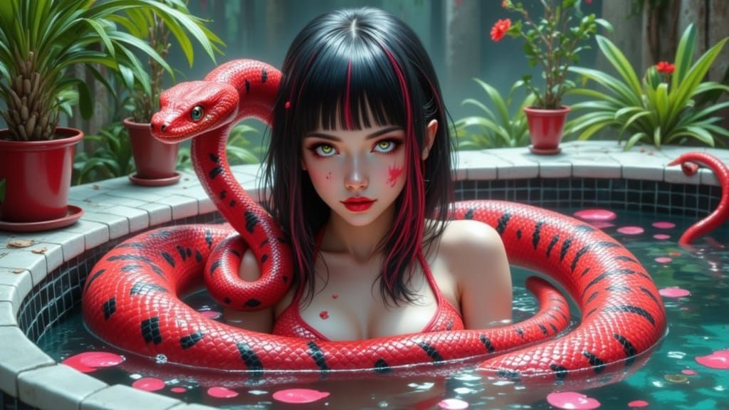 Vampire Girl Soaks in Dark Hot Tub with Snake Companion