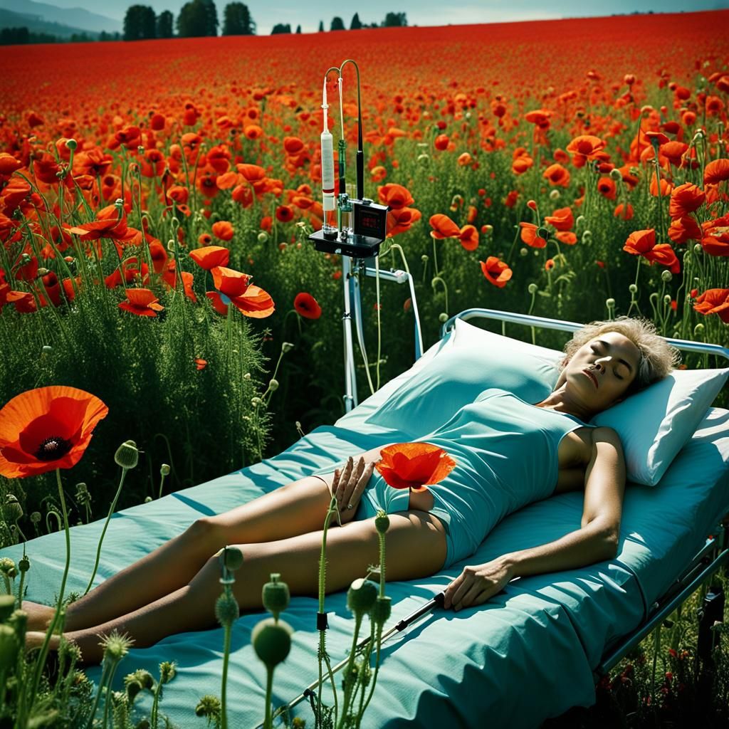 Surreal Hospital Bed in Poppy Field, Organicpunk Style