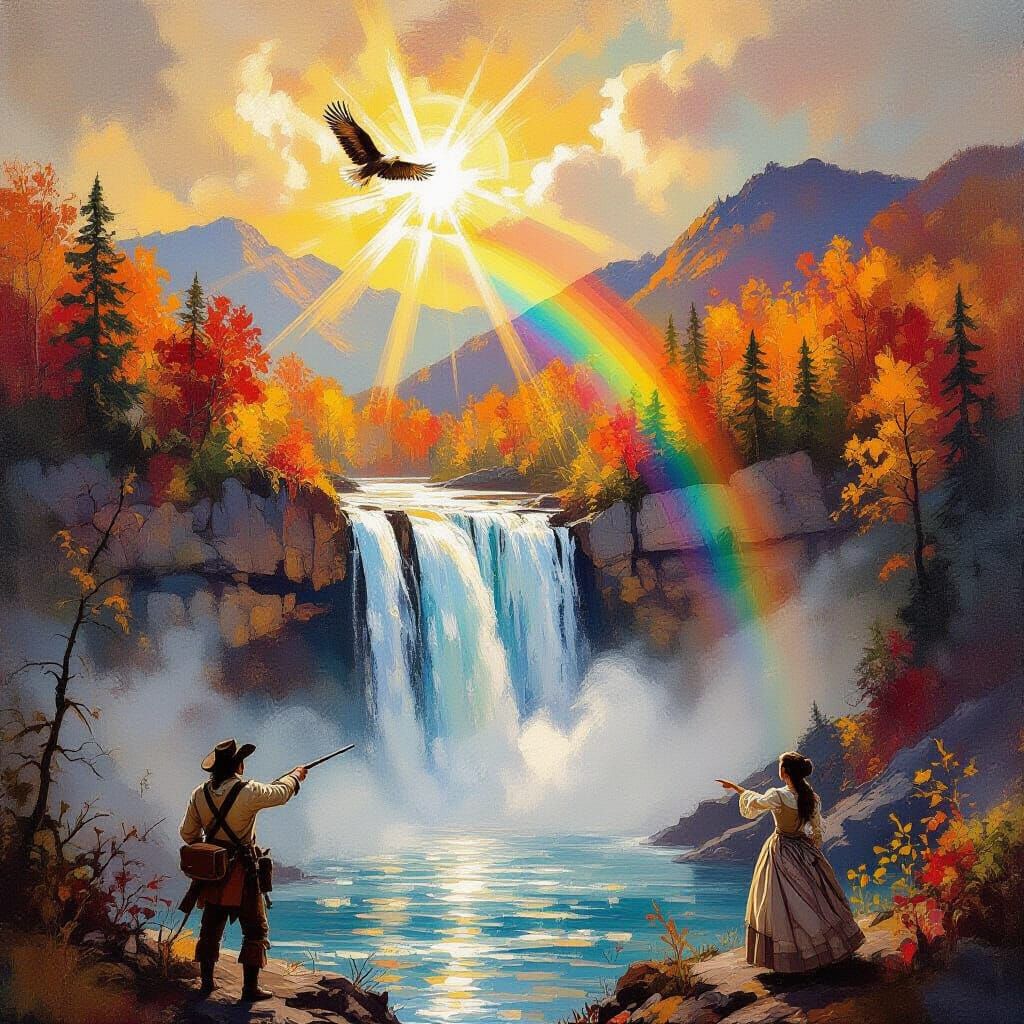 Impressionist Waterfall Scene with Eagle and Figures