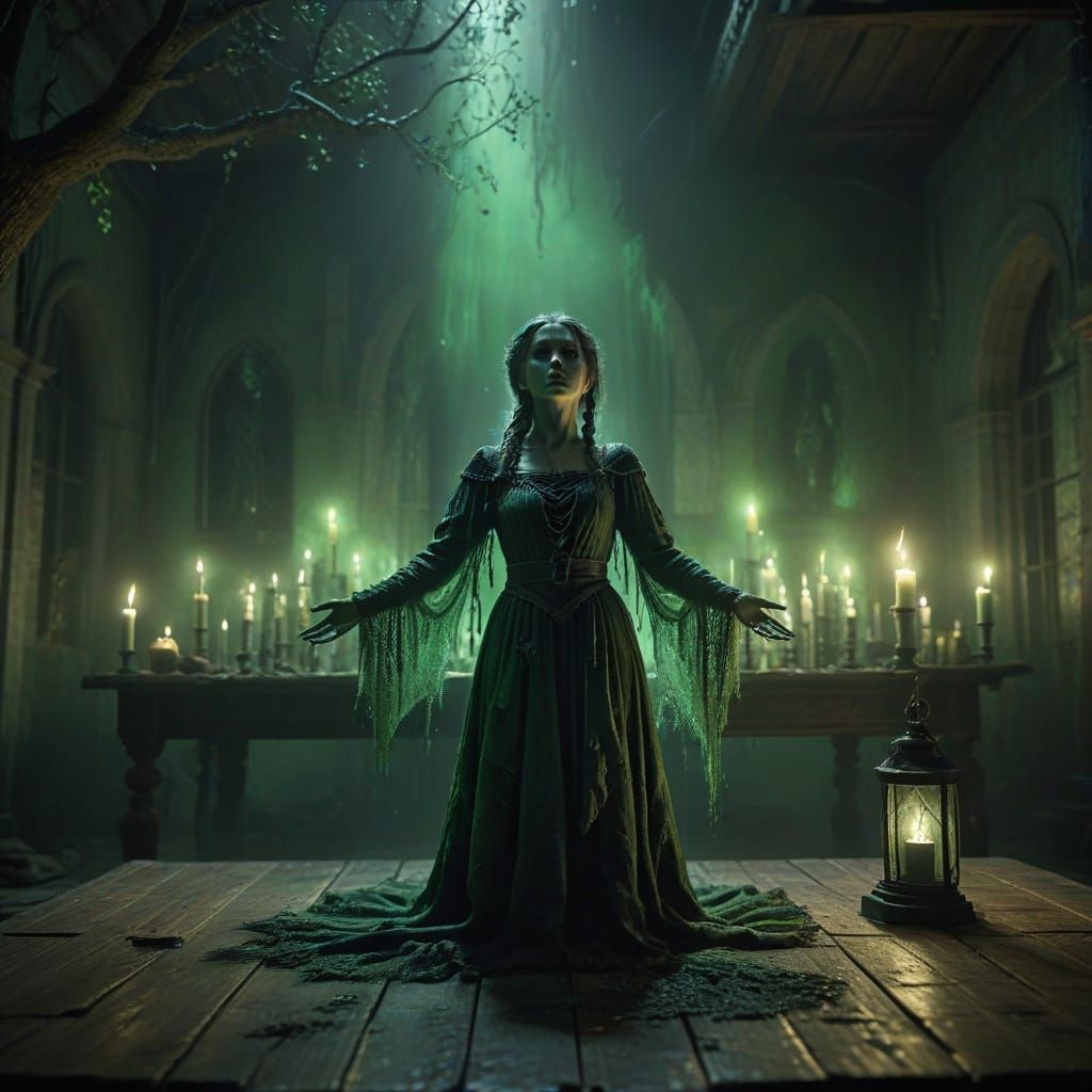 Medieval Girl Frozen in Horror Amidst Dark, Gothic Ambiance