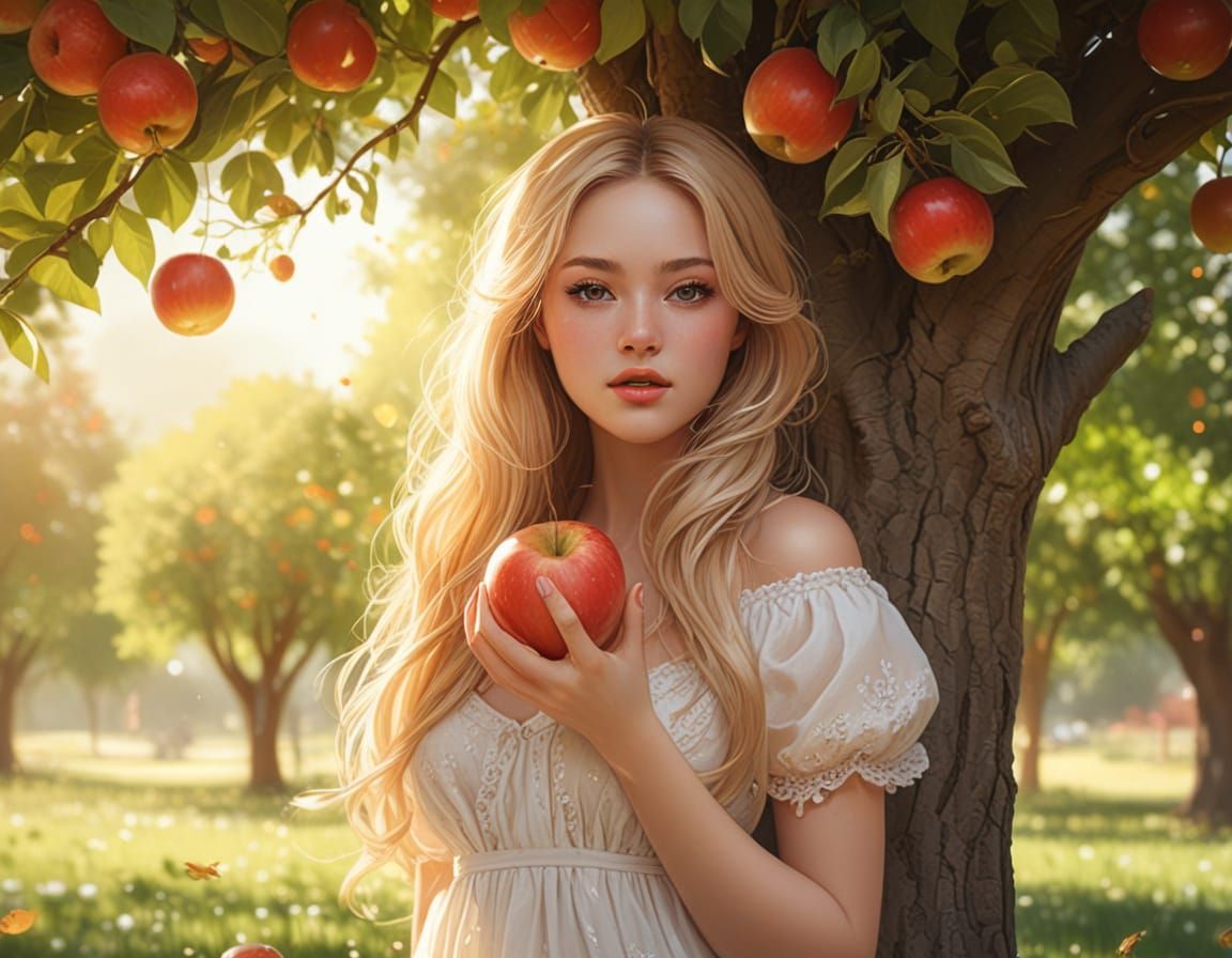 A Beautiful Woman Under an Apple Tree in a Summer Glow
