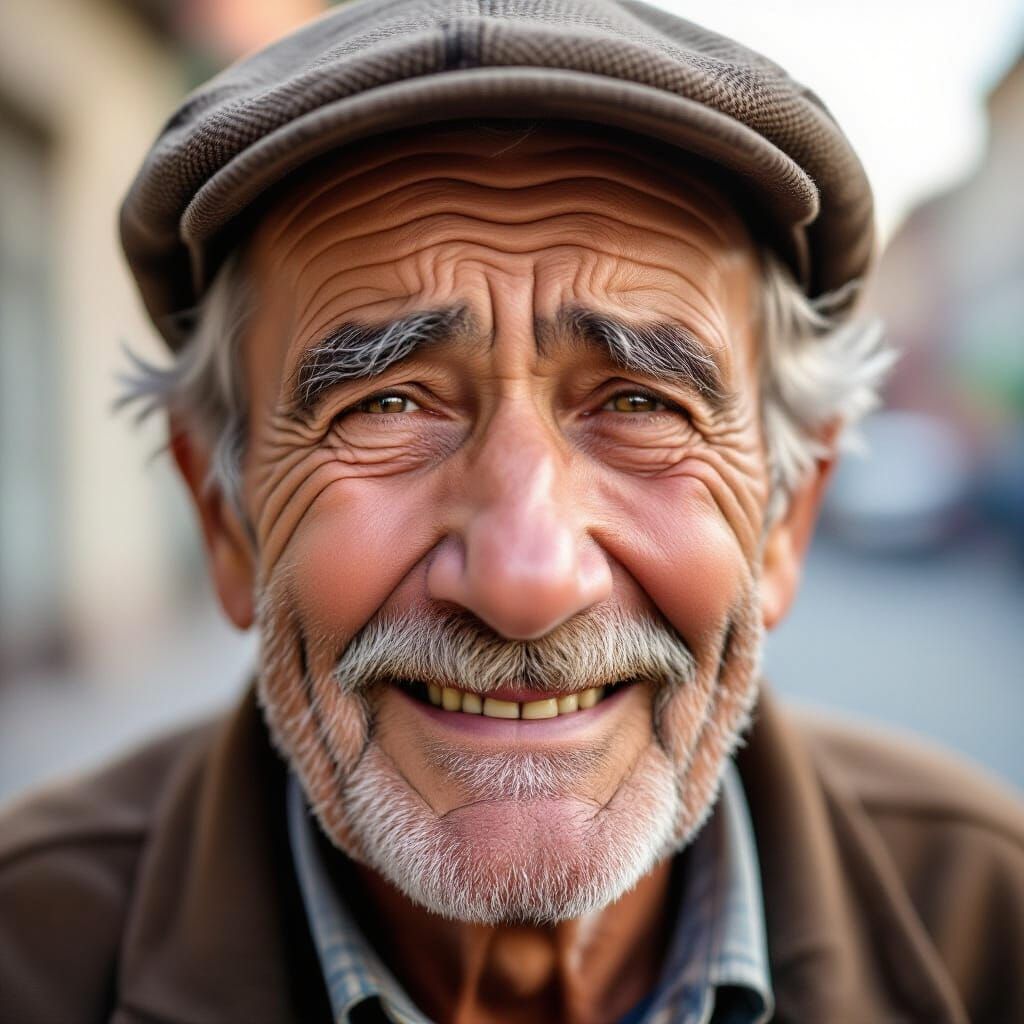 Old Man's Sad and Forced Smile Closeup
