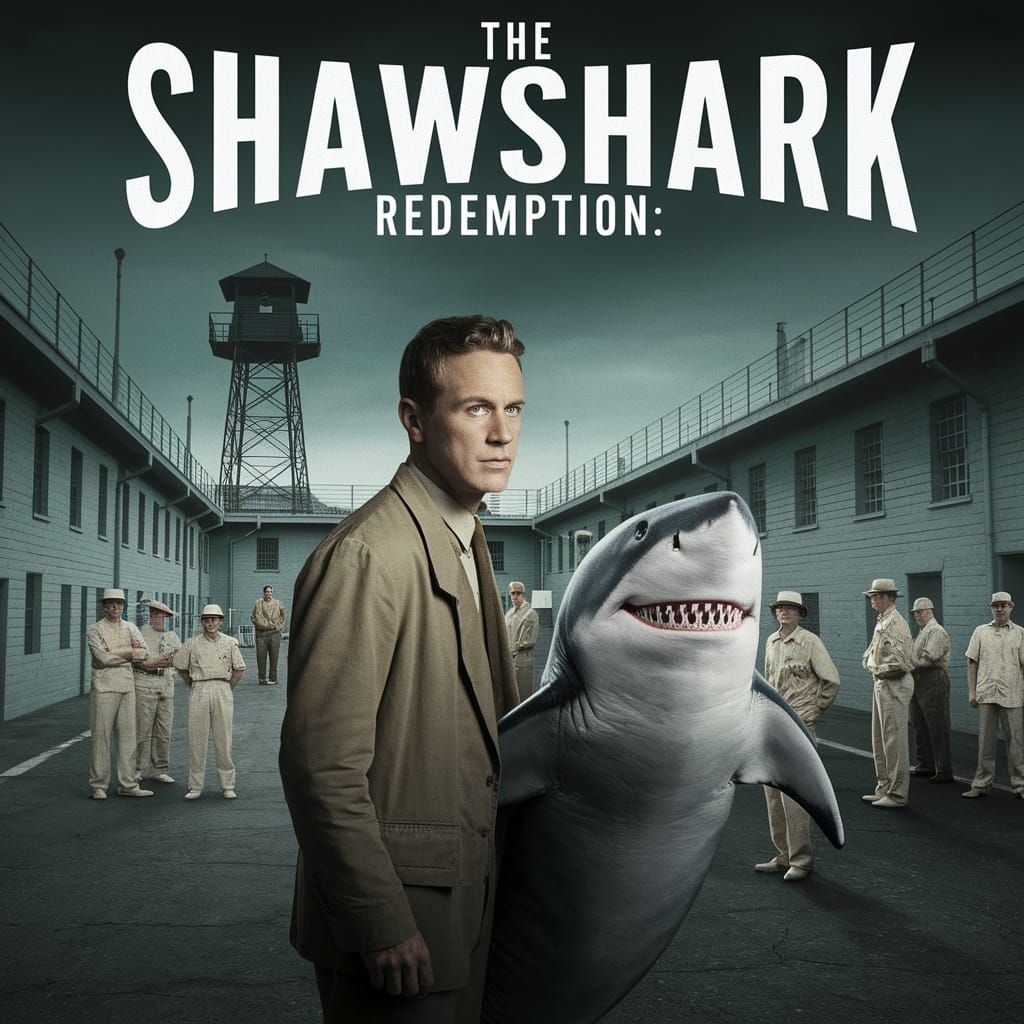 Movie poster. Title "The Shawshark Redemption:" Andy DuFresne and a shark in the prison yard at Shawshank. 1940s aesthet...