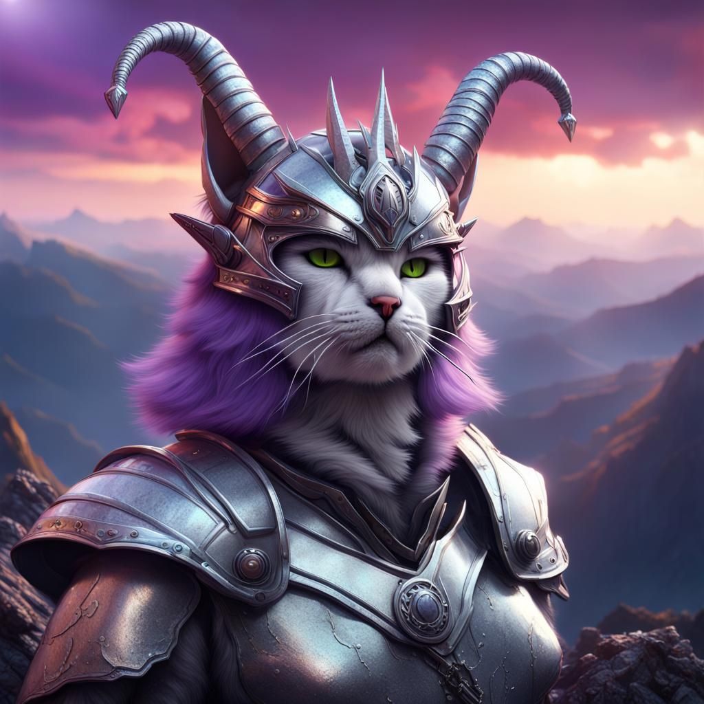 Furry Cat King with Horns in Silver Armor