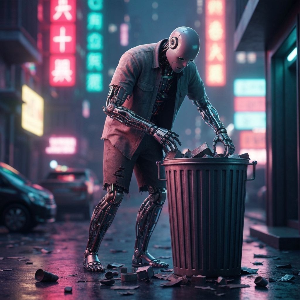 Android Scavenging in Neon Cityscape: 8K Photo