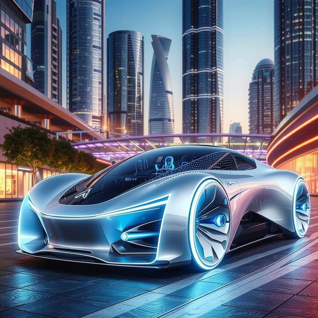 Cyberpunk Electric Car Unveiled on City Street at Dusk