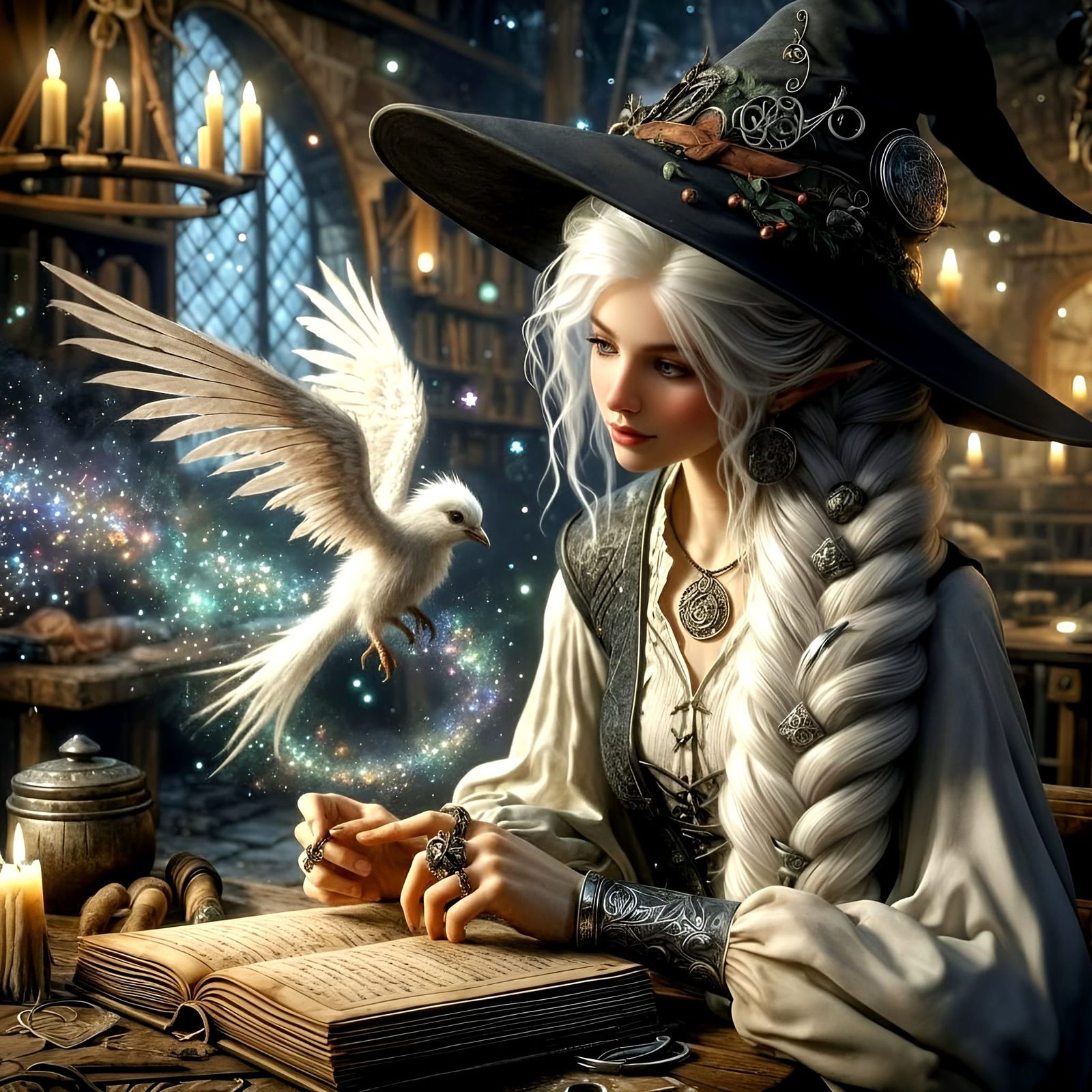 Vampire Witch and Magical Familiar in Rustic Tavern