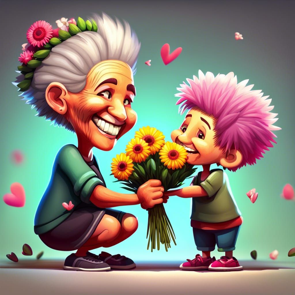 Hooligan with Mohawk Giving Flowers to Grandmother