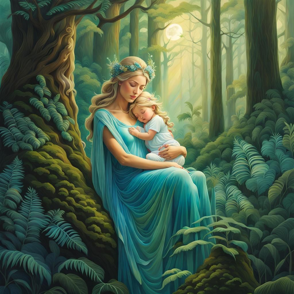 Nature Goddess with Infant: Hyperrealistic Vaporwave Illustr...