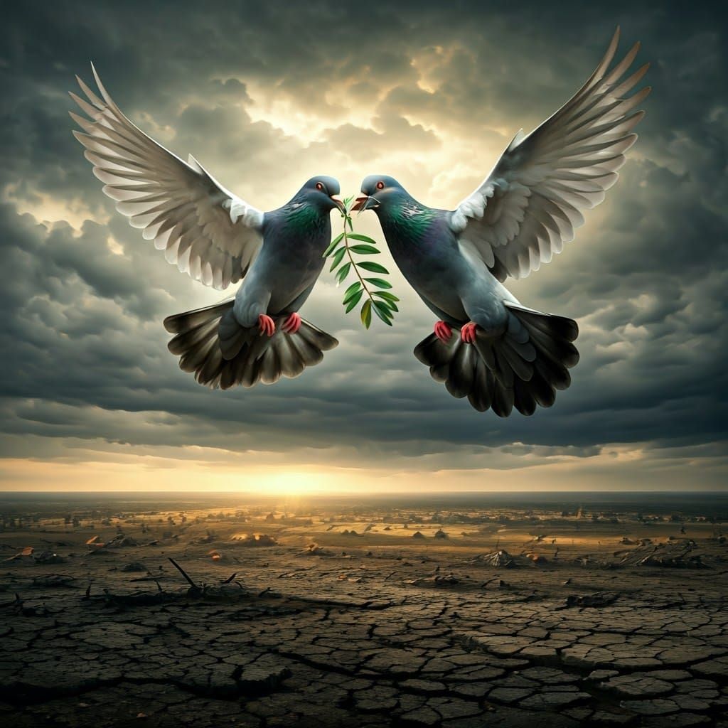 Majestic Doves Soar Above War-Torn Landscape in a Stormy Sky
