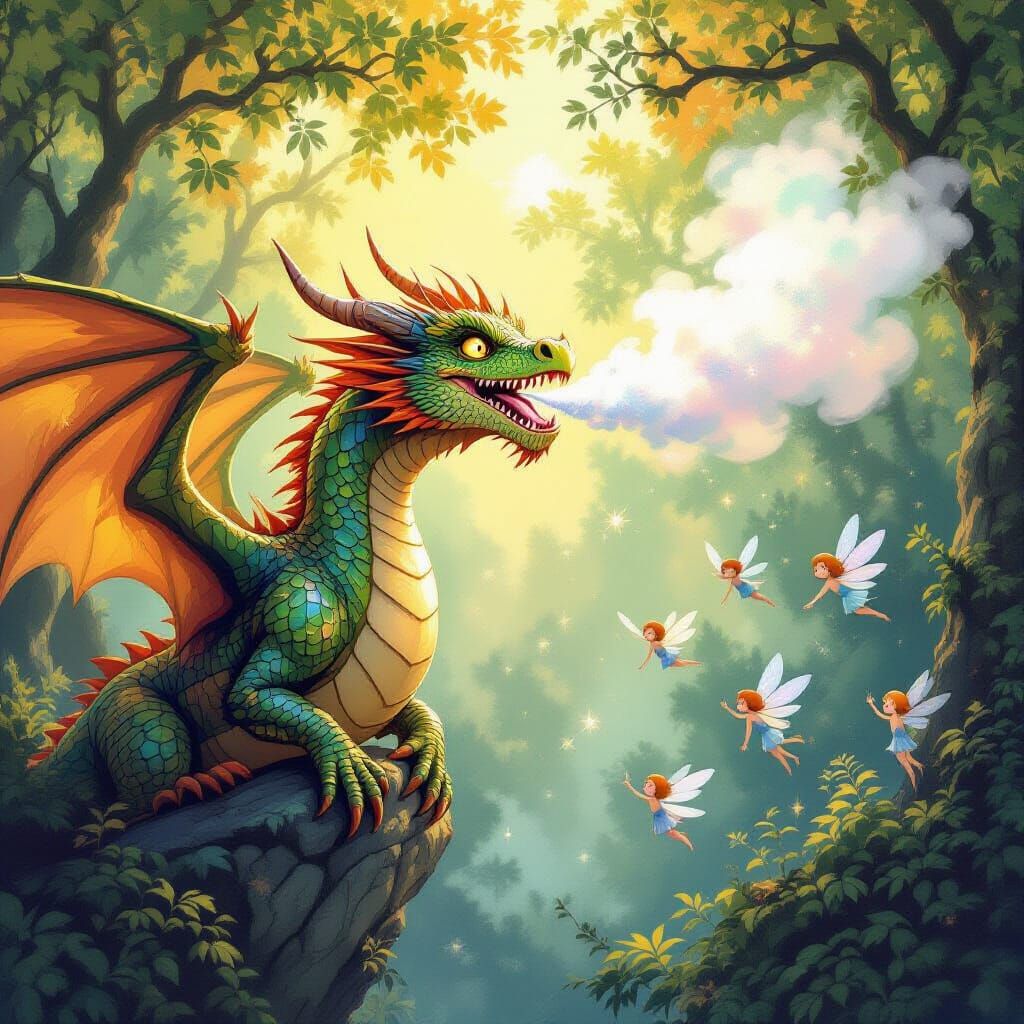 Dragon Sneezes Glitter, Startles Pixies in Enchanted Forest