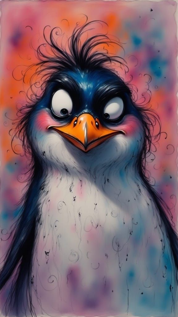 Whimsical grumpy penguin with a rumpled tuxedo-like coat, scowling expression, and endearingly disheveled feathers