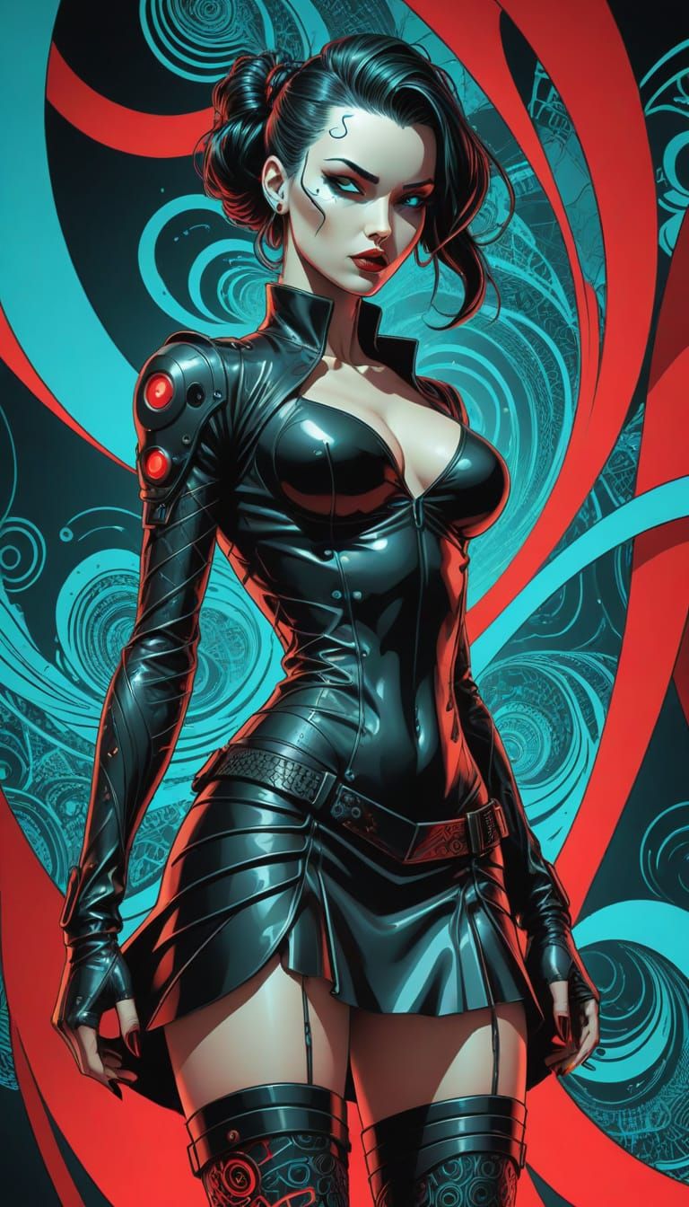 Cyberpunk Woman in Leather Skirt with Fractal Background