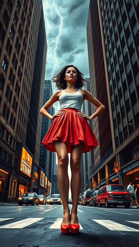 Confident Woman Dominates City Skyline in Expressive Action ...