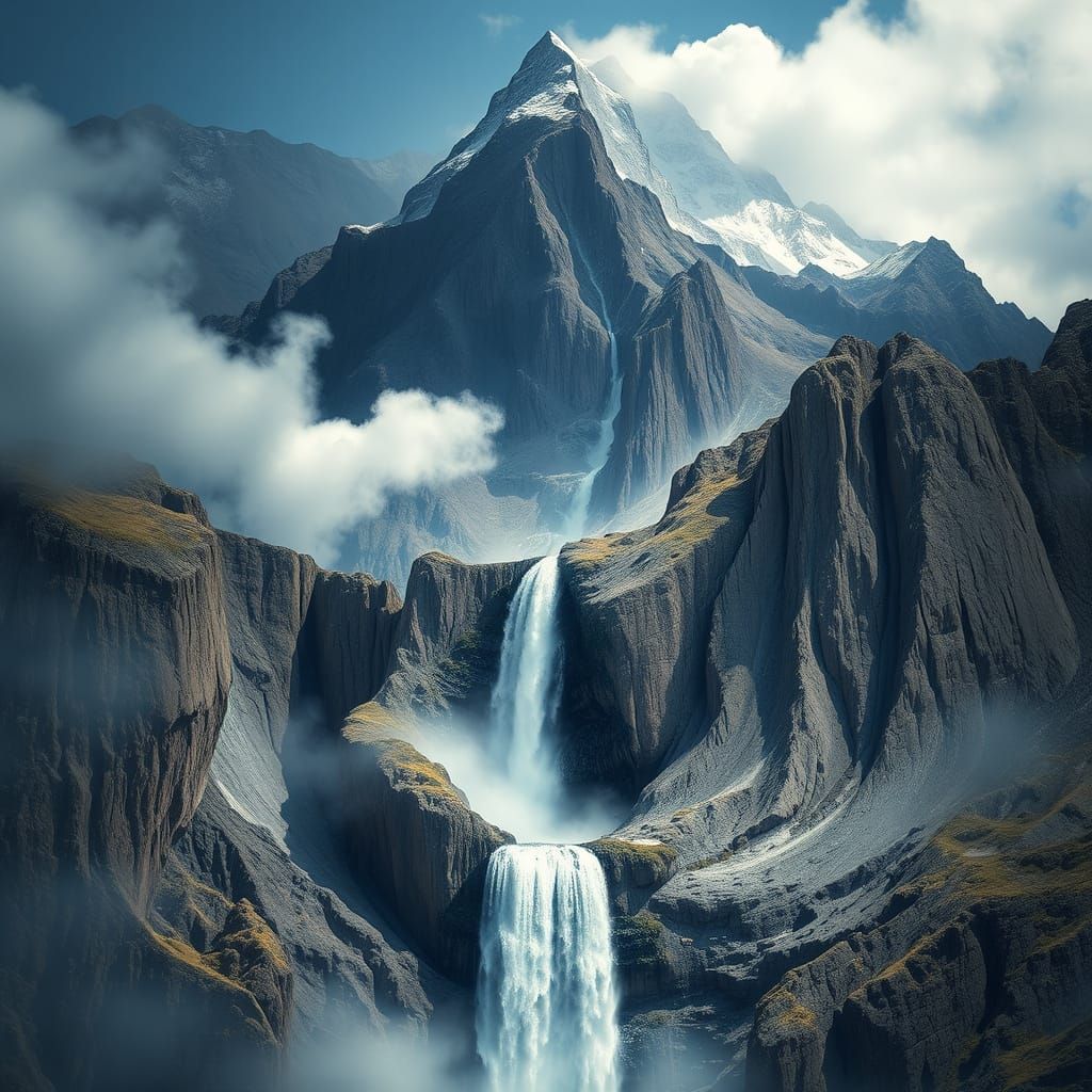Surreal Mountain Woman with Waterfall Mouth
