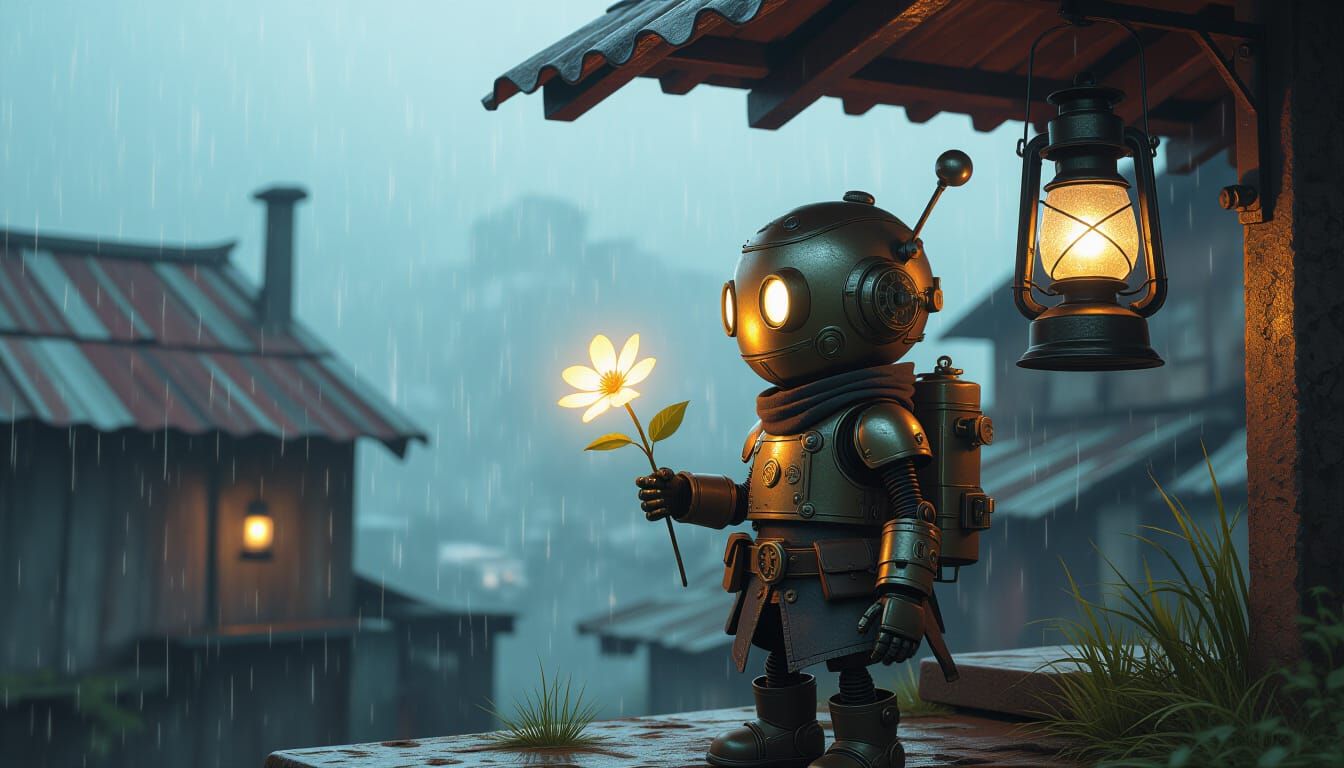 Steampunk Robot with Glowing Flower in Bleak Landscape
