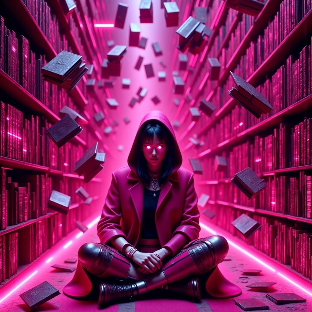 Matilda in a Cyberpunk Library with Floating Books