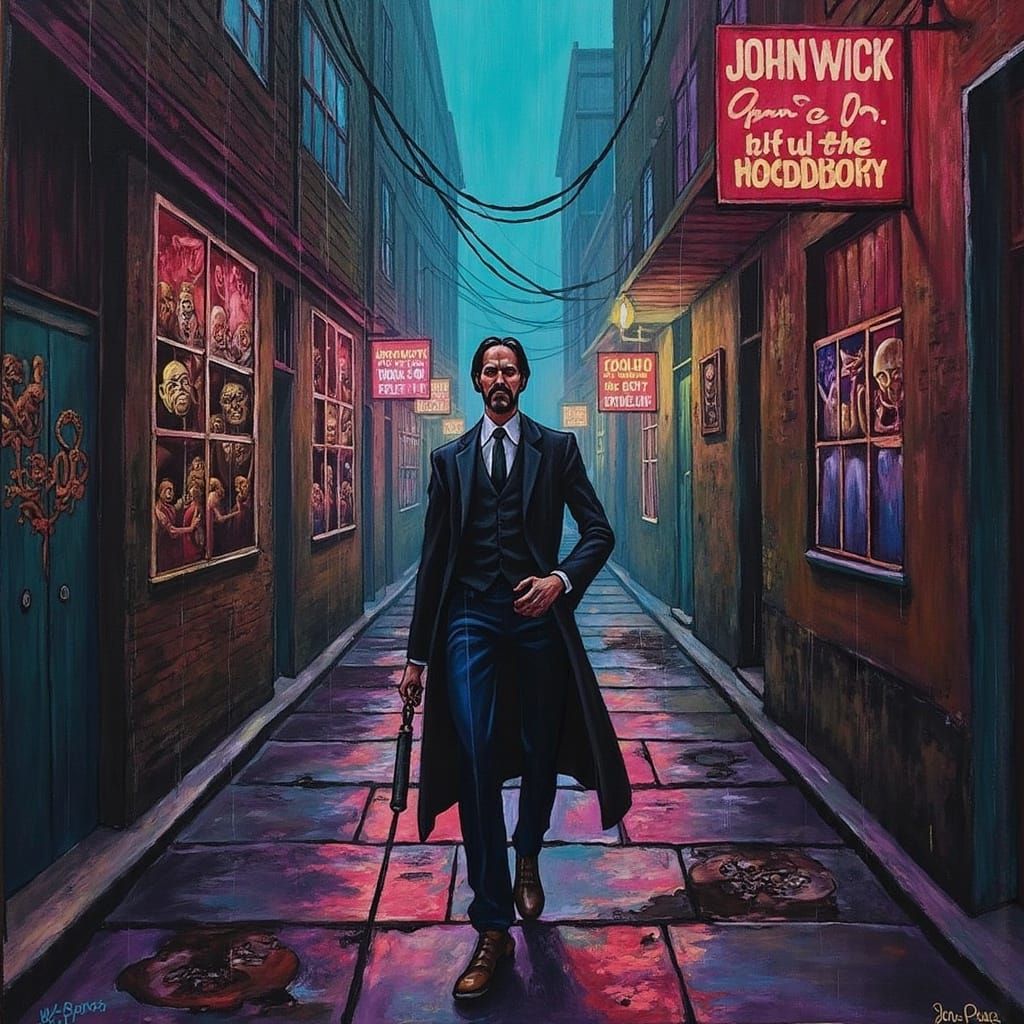 John Wick in Gritty Cyberpunk Cityscape