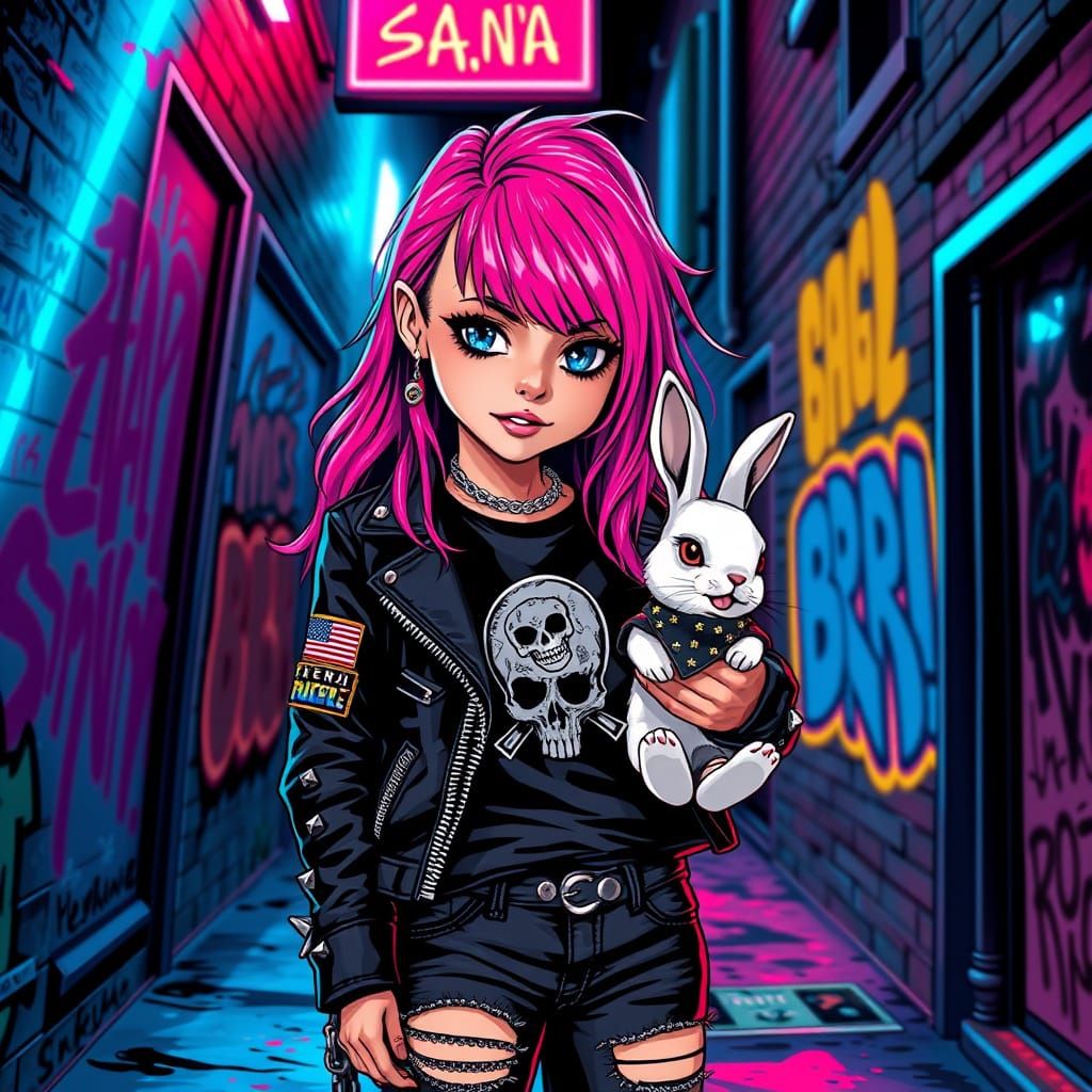 Girl with Pink Hair and Rabbit in Heavy Metal Style